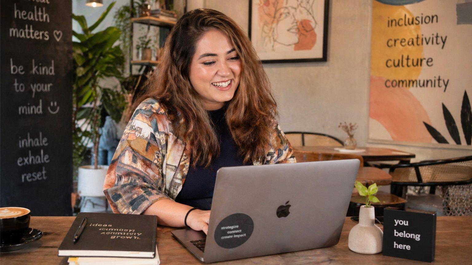 Manahil smiling across a table during a Story Quest co-working gathering in Dubai